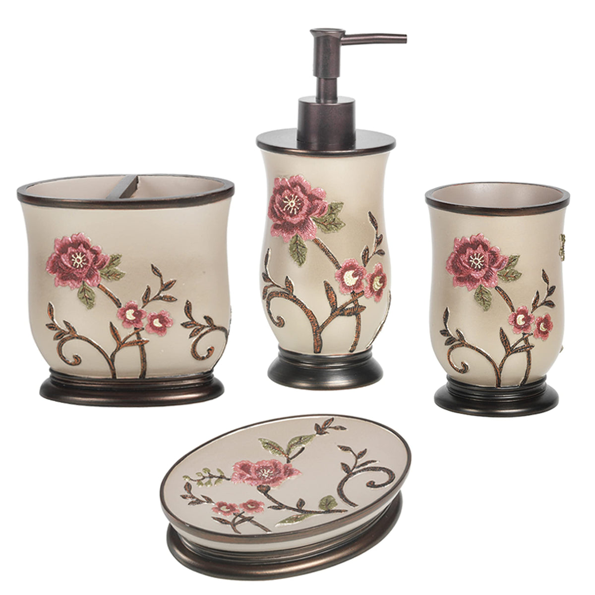 Zahari Home 4pc Modern Line Modern Bathroom Accessories Set Modern Soap Dispenser, Tumbler, Tooth Brush Holder and Dish Soap Holder Luxury Contemporary Grey Decor Unique Design Luxury Bath Set