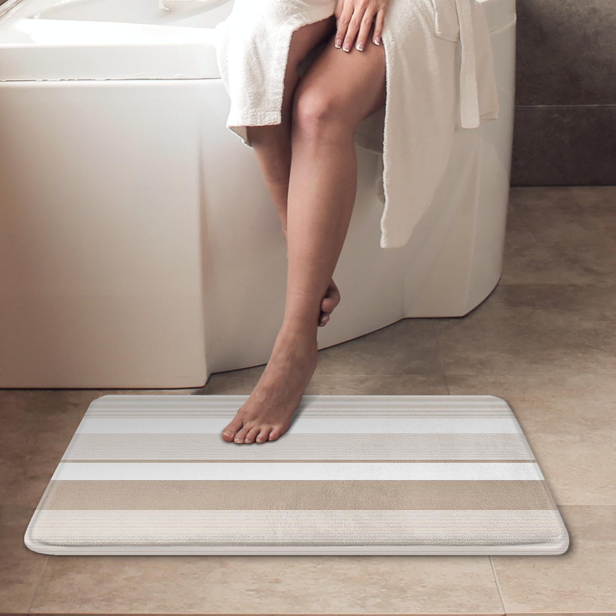 ArtSocket Bathroom Set of 3, Shower Curtain and Bath Rugs Beige Striped