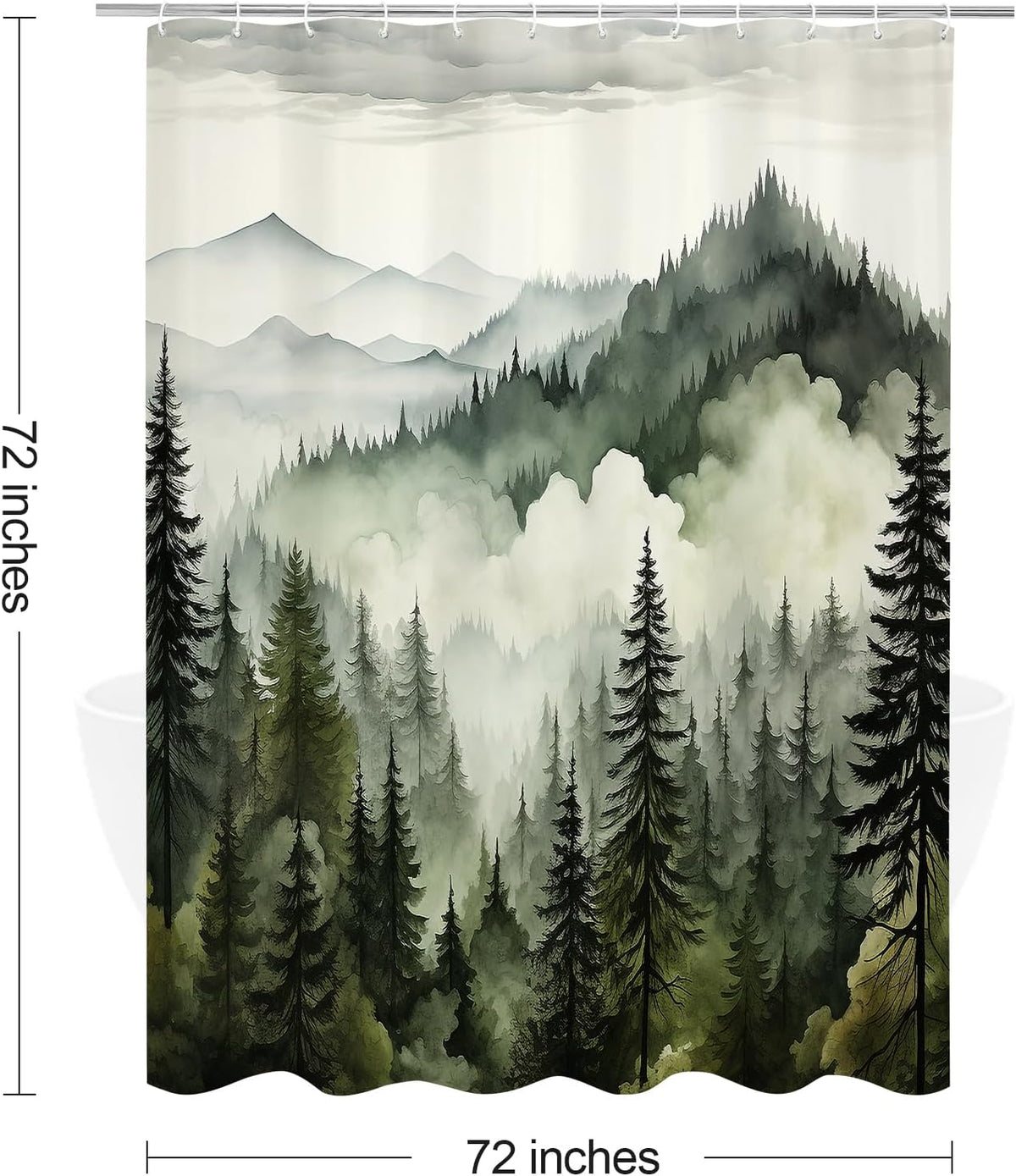 Dark Green Pine Forest Shower Curtain, Misty Woodland, 72 x 72 Inches