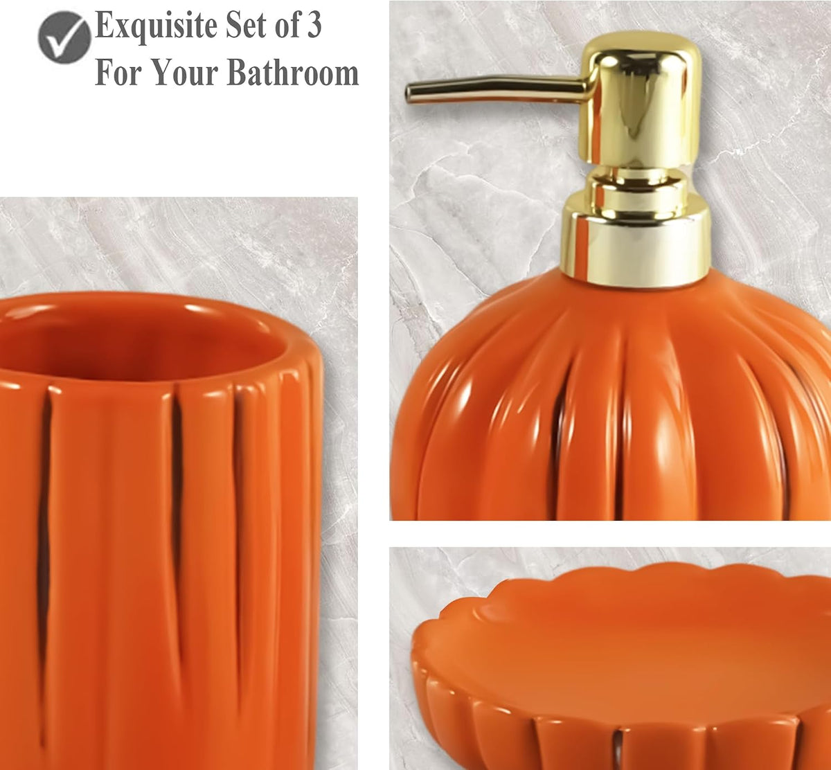 Halloween Pumpkin Bathroom Accessories Set, Orange Bathroom Fall Decor, 3PC Ceramic Bathroom Sets Complete, Toothbrush Holders, Soap Dispenser, Soap Dish, Bathroom Organizer for Countertop