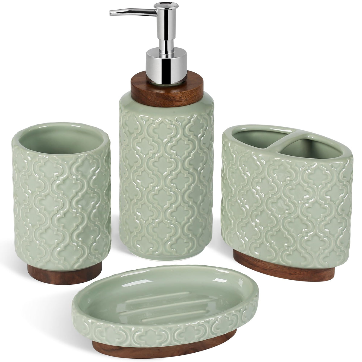 RQYIXI Ceramic Bathroom Accessories Set,White,4 Piece,Embossed Design