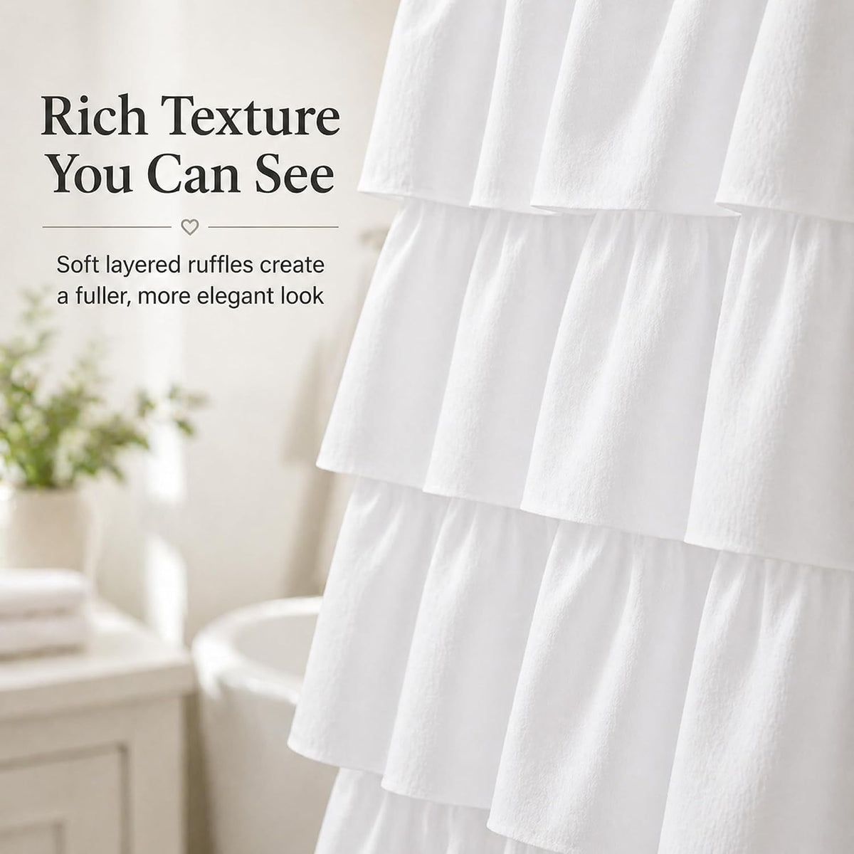 White Ruffle Shower Curtain for Bathroom,72 x 72 Inches, Farmhouse Style