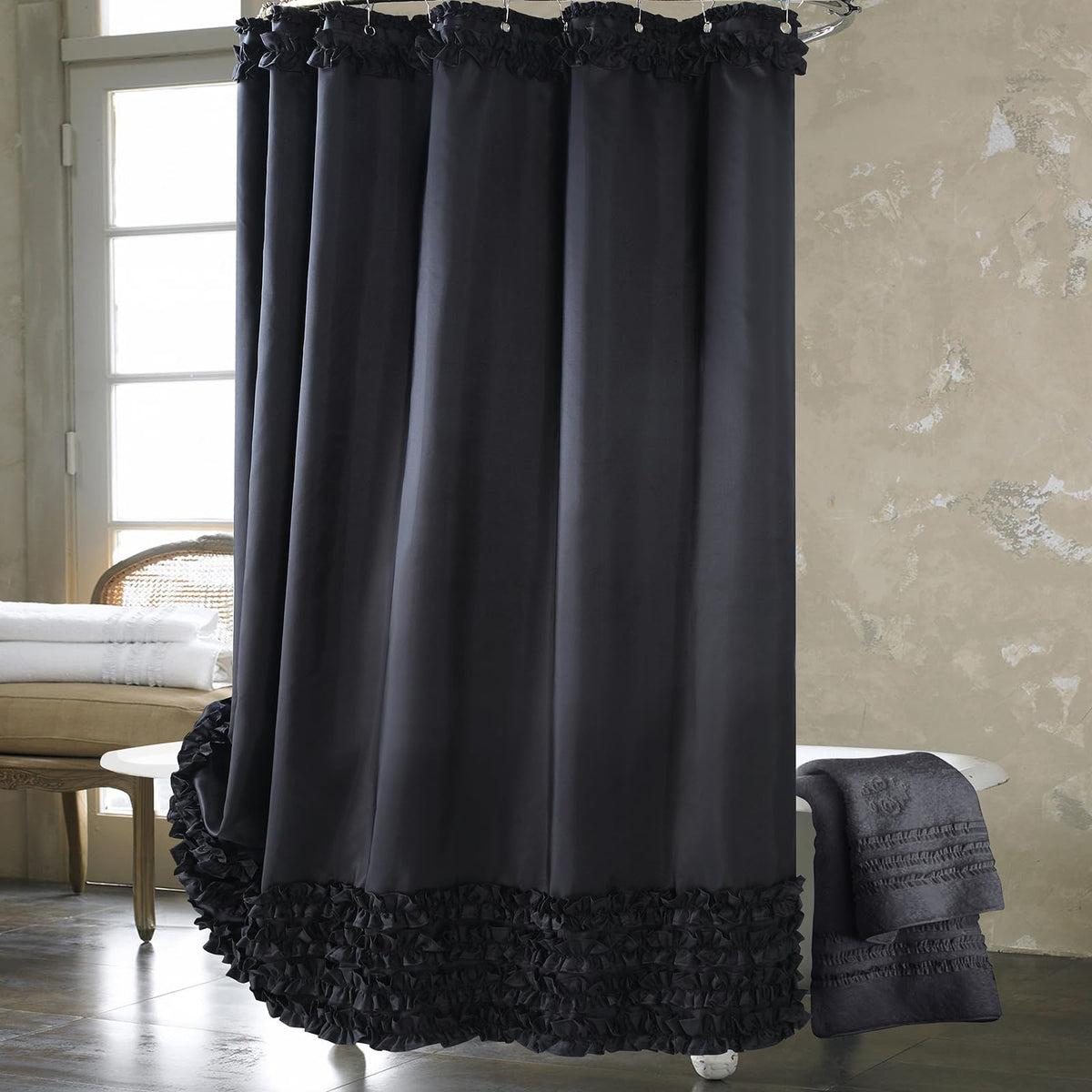 Ruffle Shower Curtain, White Fabric Shower Curtain with Handmade Ruffles, Farmhouse Chic Bath Curtains, 72" W x 72" H