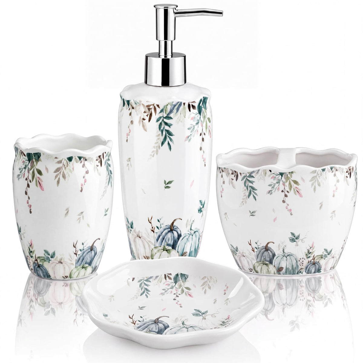 Domensi 4 Pcs Pumpkin Bathroom Ceramic Accessories Set Fall Bathroom Decor Include Lotion Dispenser Toothbrush Holder Tumbler Soap Dish for Home Bath Kitchen Decoration
