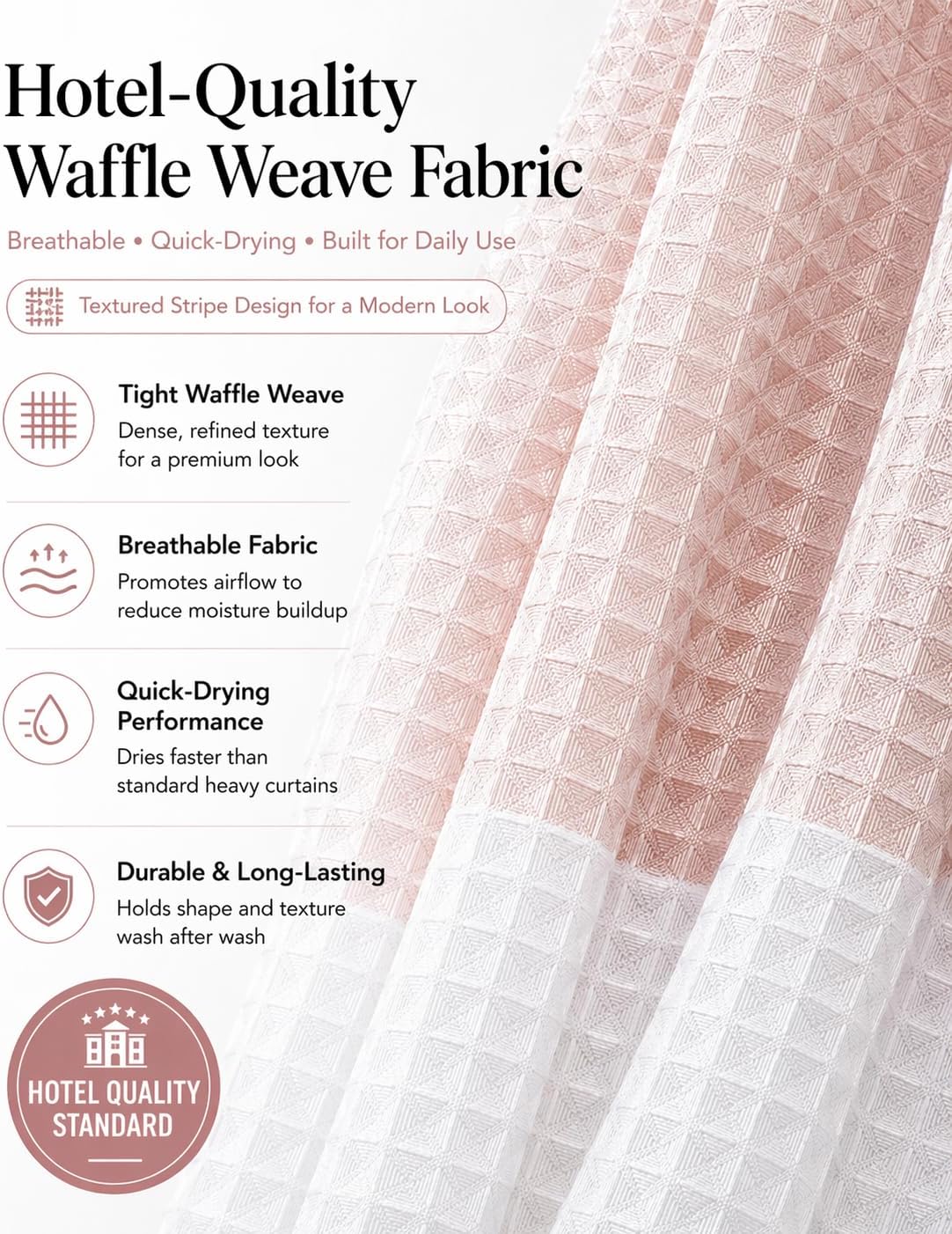 Dainty Home Ombre Waffle Weave Shower Curtain 70 x 72 Blush Textured Fabric Shower Curtain, Hotel Style Waffle Weave Bathroom Curtain, Water Resistant Polyester Ombre Shower Curtain