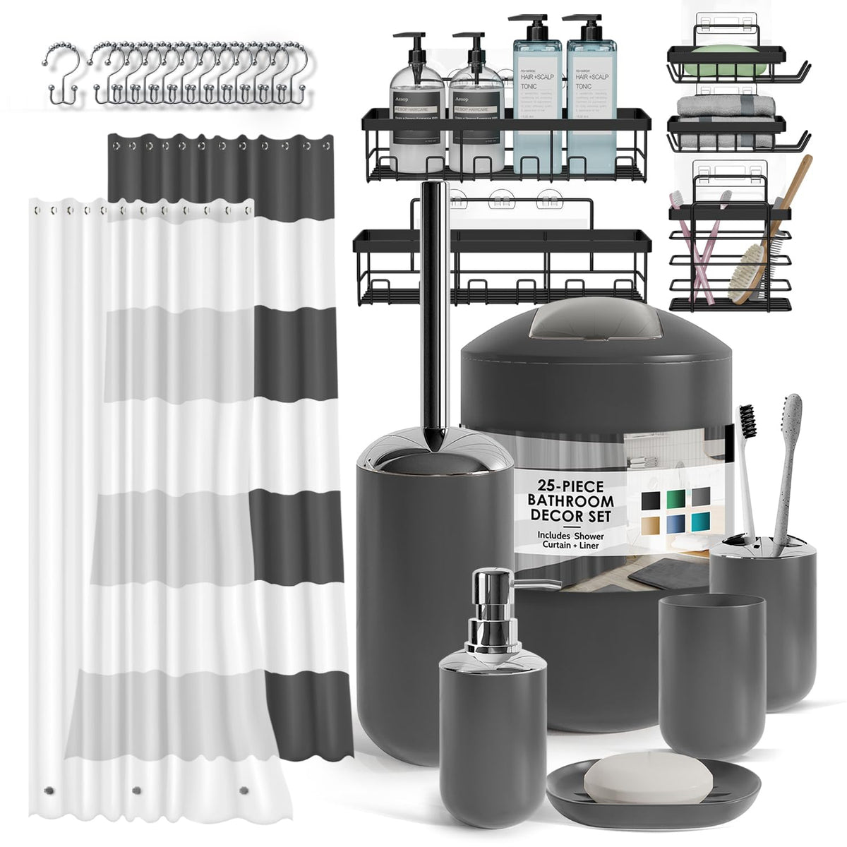 Clara Clark Bathroom Set - Navy Bathroom Accessories Set, 20PC Bathroom Accessory Set, Shower Curtain Set with Liner, Toothbrush Holder, Soap Dispenser, Soap Dish, Toilet Brush Holder, and Trash Can