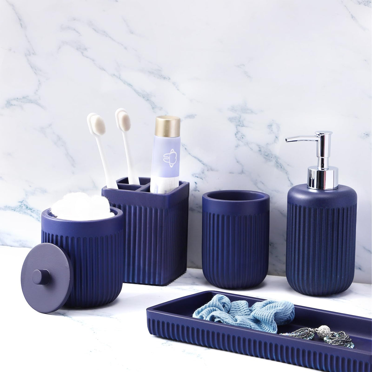 XLHOMO Resin Matte Black Bathroom Accessories Set 5 Pcs, Lotion Soap Dispenser, Toothbrush Holder, Bathroom Tumbler, Qtip Holder and Vanity Tray, Bathroom Countertop Organizer Set for Home Apartment
