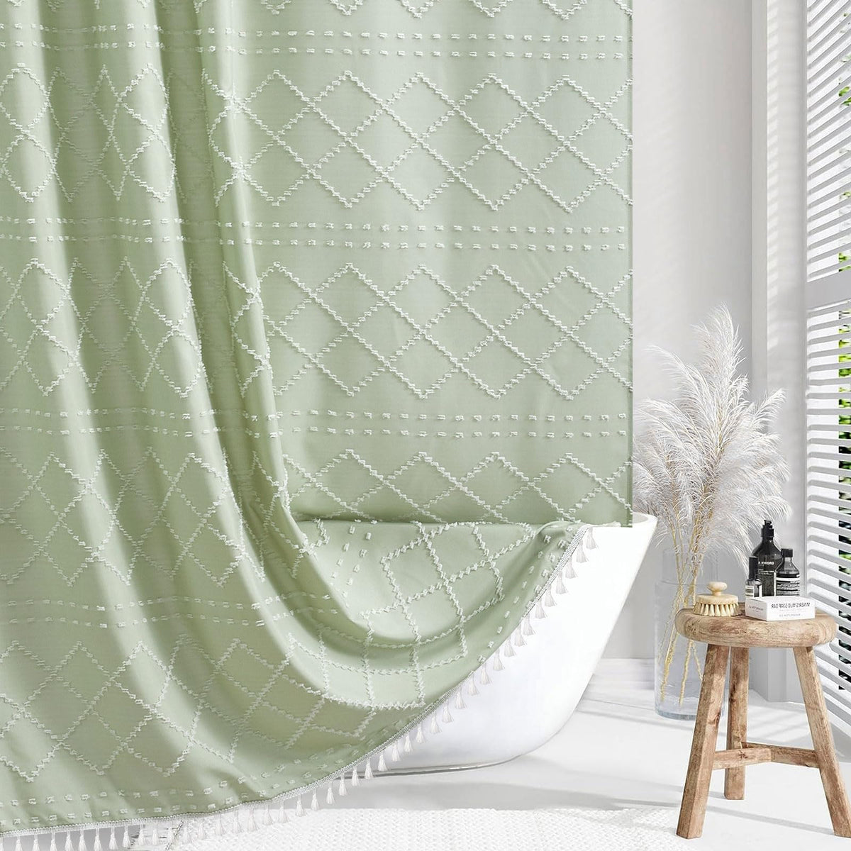 Siiluminisoy Sage Green Boho Shower Curtain Fabric Shower Curtain, 72 x 72 Tufted Chevron Textured Striped Modern Farmhouse Minimalist Cloth for Bathroom