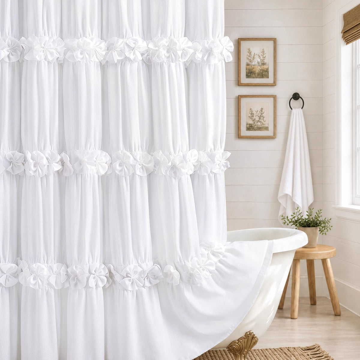 Boho Ruffle Farmhouse Fall Linen Shower Curtain Vintage Cream 72" W x 72" H