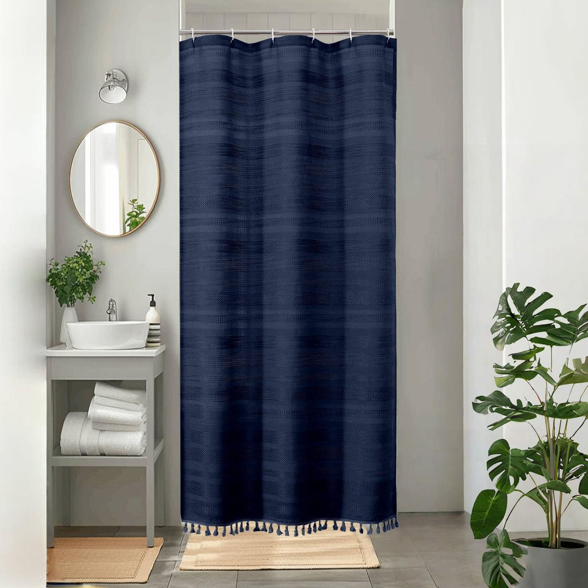 OVZME Extra Long Linen Shower Curtain - 84 Inch Long, Modern Farmhouse Heavy Duty Textured Soft Fabric, Rustic Country Boho Cloth Shower Curtain with Tassel for Bathroom Hotel, 72Wx84L Inches