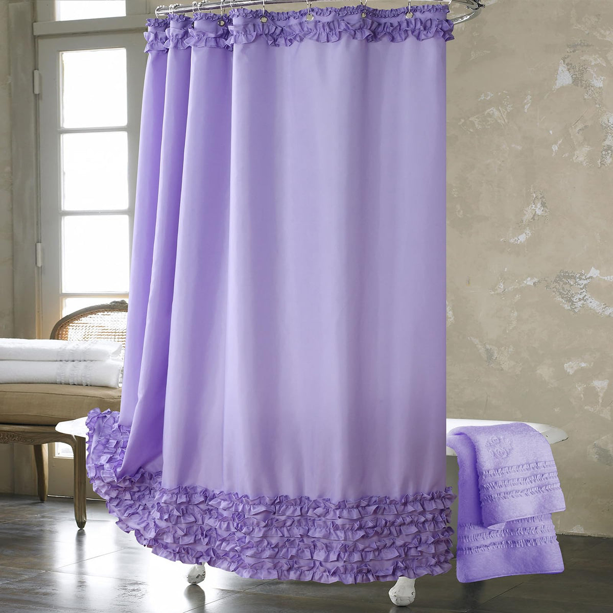 Ruffle Shower Curtain, White Fabric Shower Curtain with Handmade Ruffles, Farmhouse Chic Bath Curtains, 72" W x 72" H