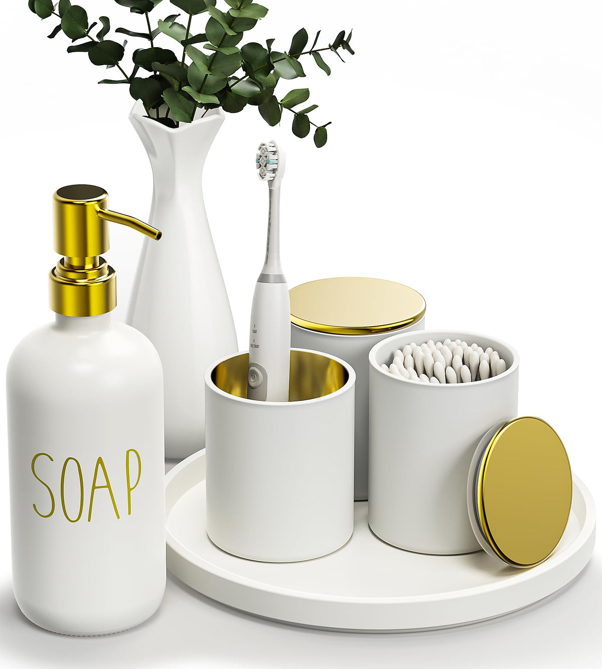 Black Bathroom Accessories Set with Tray, 6pcs Matte Black Bathroom Accessory Sets, Glass Soap Dispenser and Toothbrush Holder Set, Qtip Holder, Ceramic Flower Vase, Bathroom Set Decor