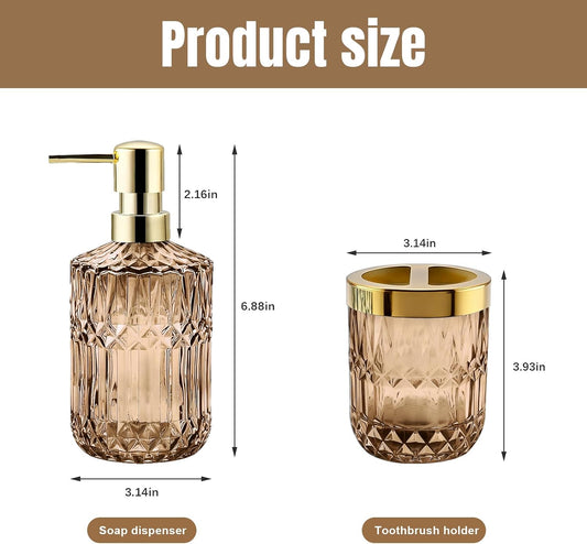 2PCS Brown Glass Bathroom Set, Soap Dispenser & Toothbrush Holder, Vintage