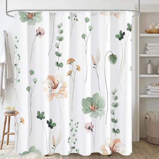 Gibelle Sage Green Beige Watercolor Floral Fabric Shower Curtain 72x72