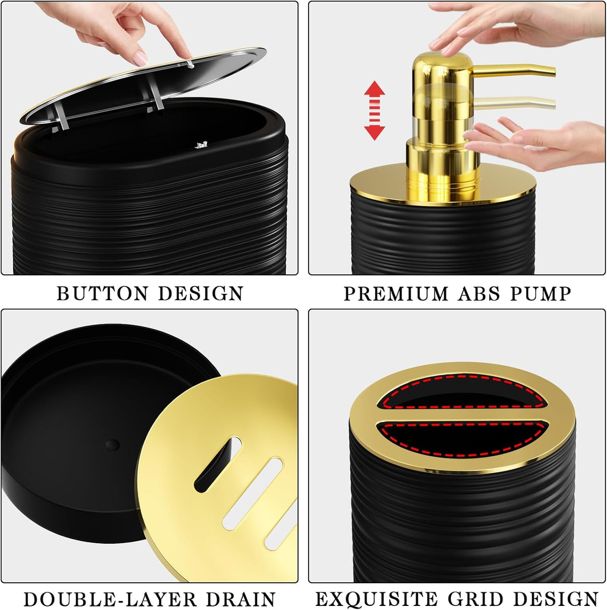 Bathroom Set, 10PC Bathroom Accessory Set, Black Bathroom Accessories, Black and Gold Bathroom Set with Trash Can, Soap Dispensers
