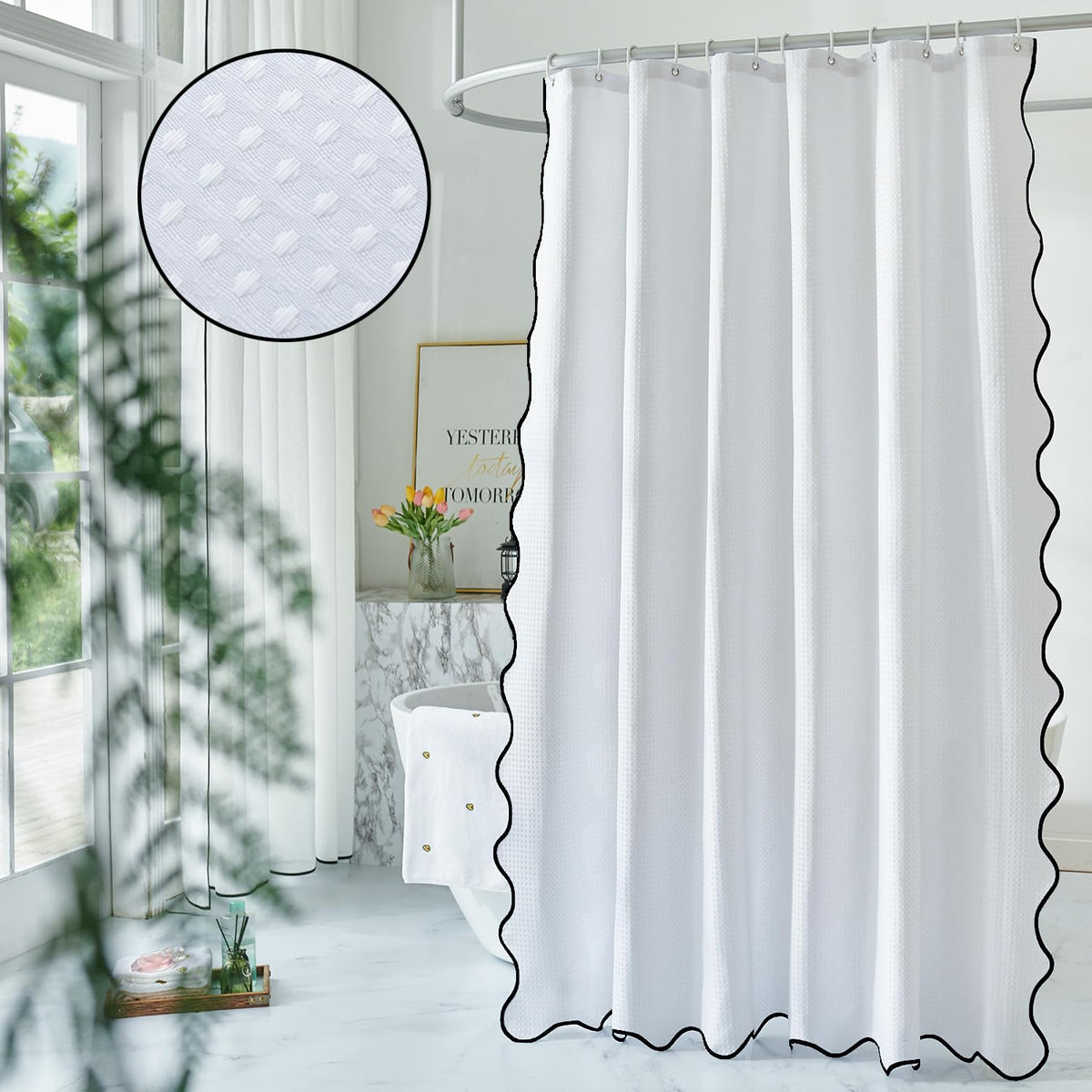 White Fabric with Water Blue Scalloped Border Shower Curtain,Boho Chic Cloth Shower Curtain for Bathroom Showers,72 x 72 Inches