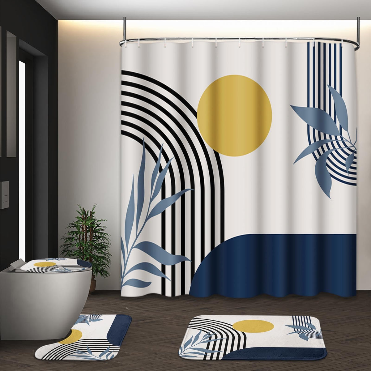 Bathroom Sets with Shower Curtain and Rugs, Set of 4, Boho Sage