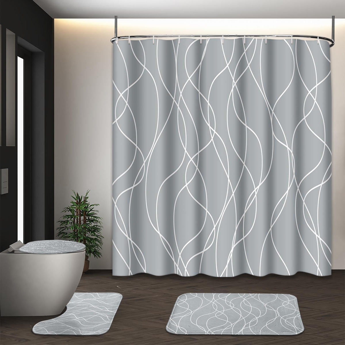 Bathroom Sets with Shower Curtain and Rugs Set of 4 Geometric Brown