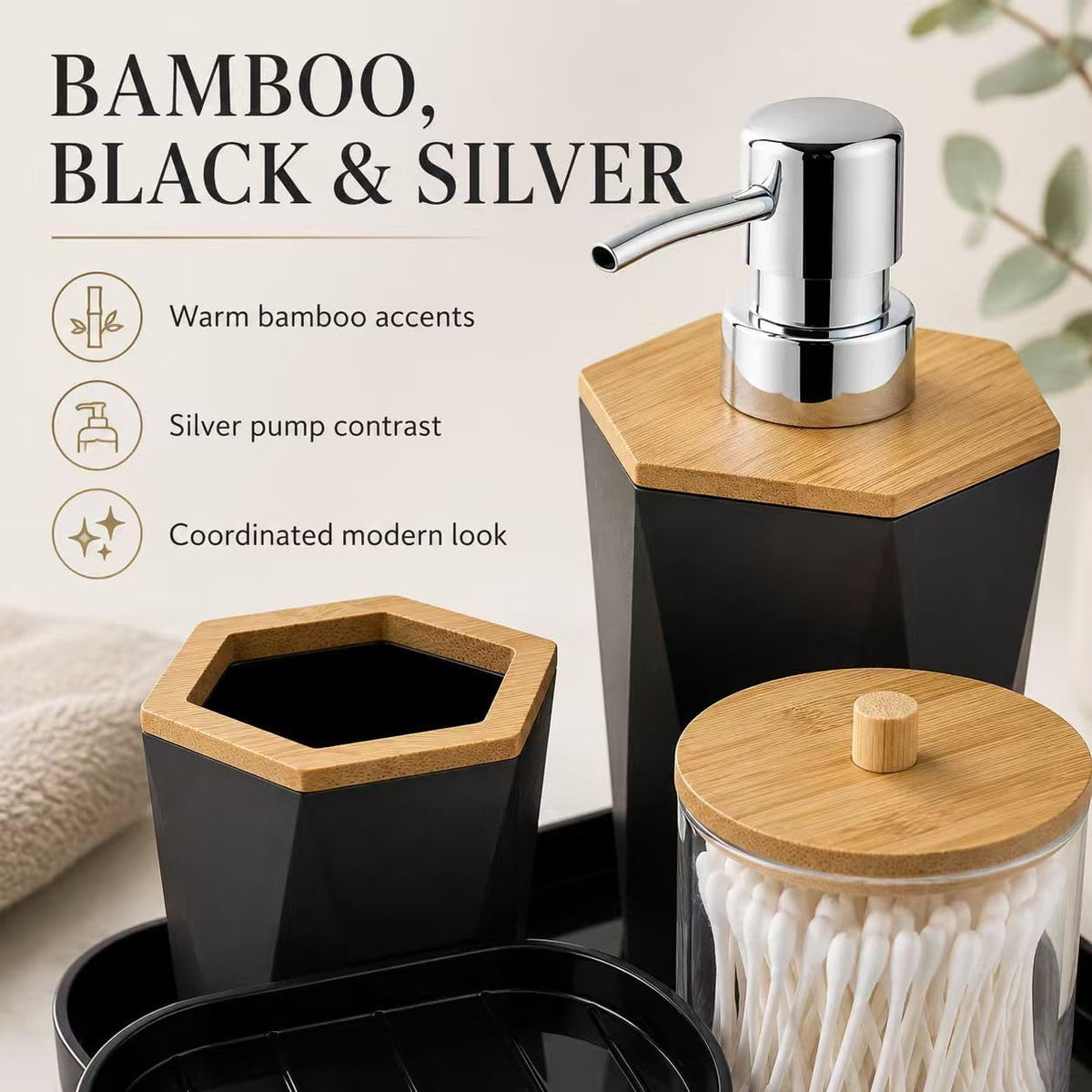 LGURT 4pc Black Bathroom Accessories Set, Soap Dispenser with Bamboo Lid
