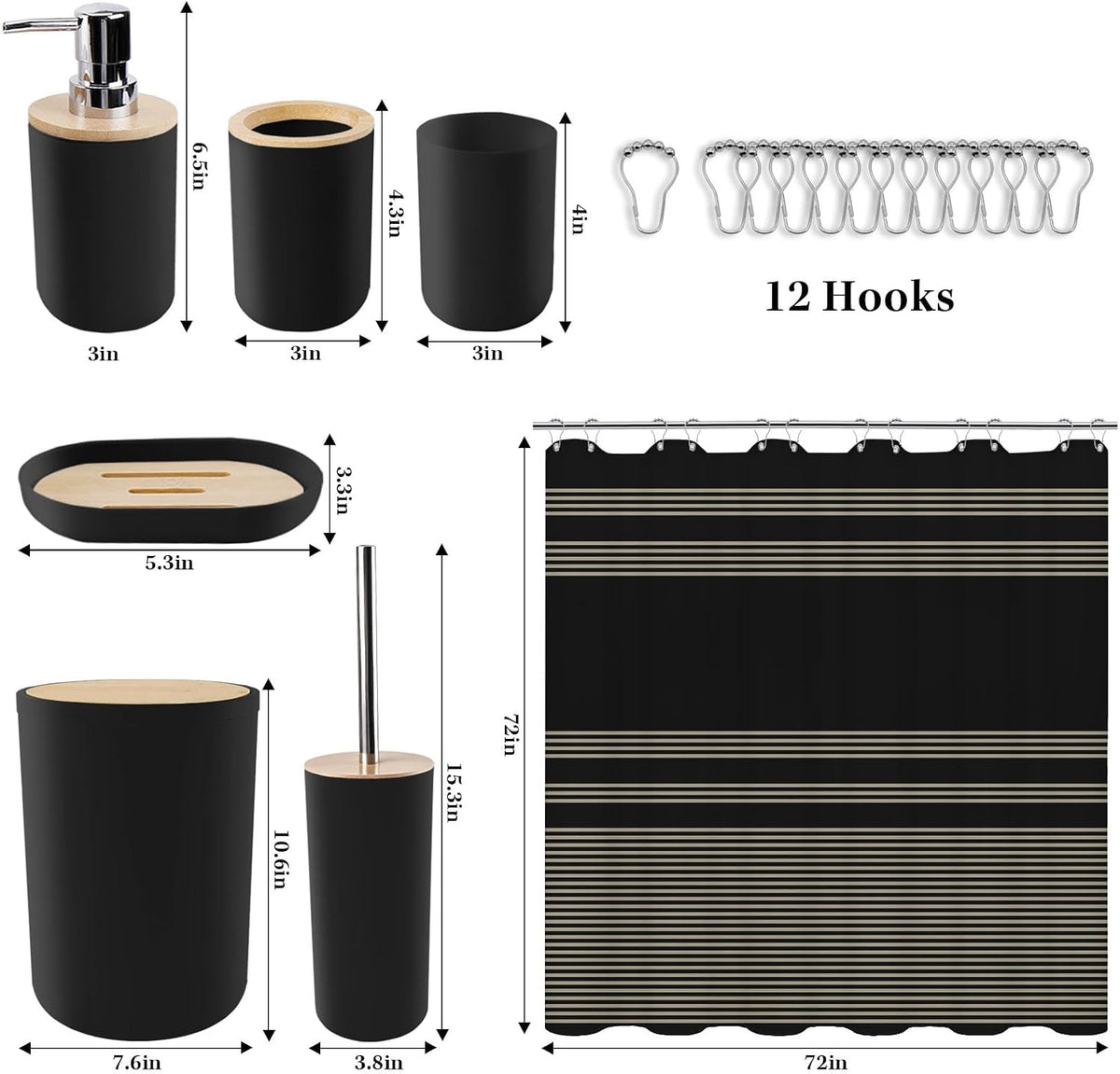 Britimes 7 Pack Bathroom Accessories Set, Shower Curtain Set, Black Striped