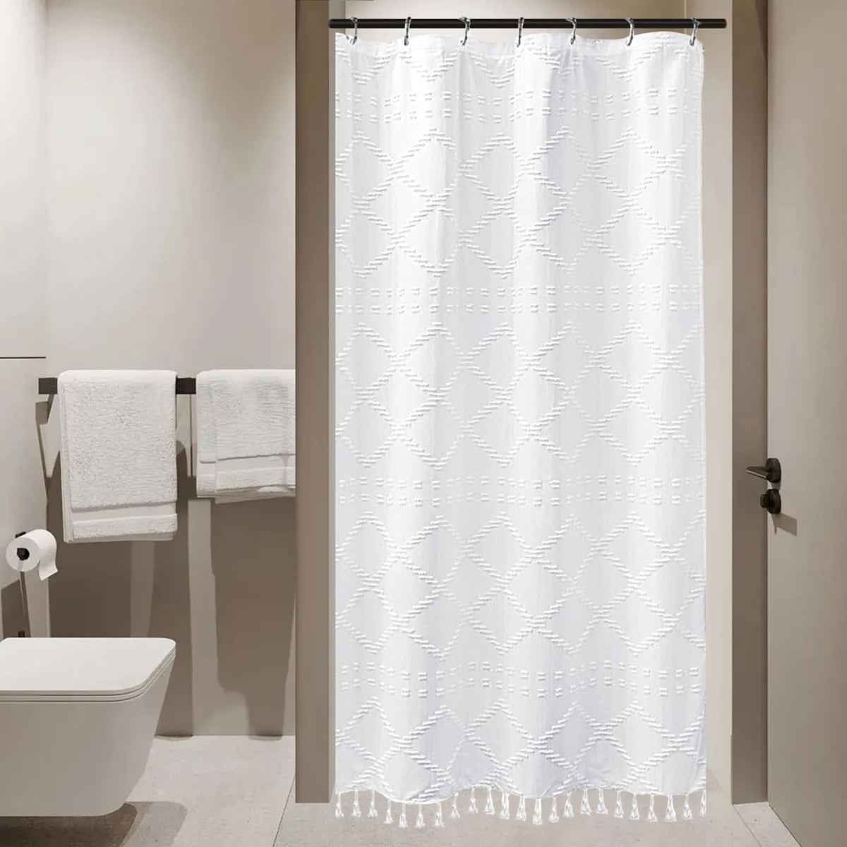 Siiluminisoy Sage Green Boho Shower Curtain Fabric Shower Curtain, 72 x 72 Tufted Chevron Textured Striped Modern Farmhouse Minimalist Cloth for Bathroom