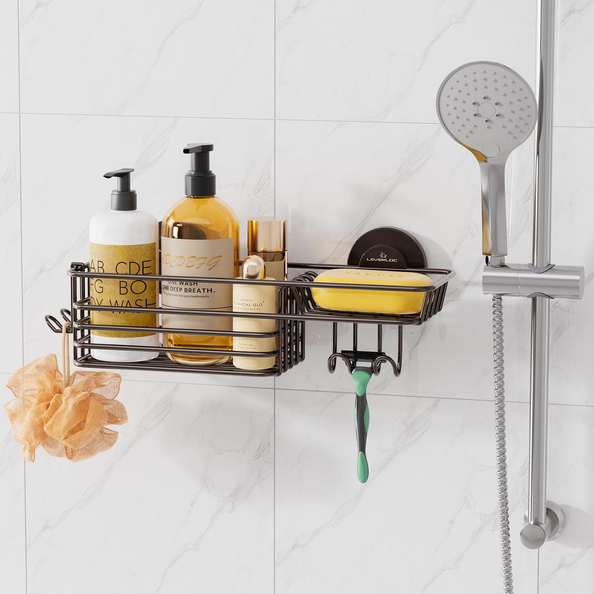 LEVERLOC Shower Caddy Suction Cup, 2 Pack Shower Shelves for Inside Shower with Hooks & Soap Holder, NO-Drilling Bathroom Shower Organizer, Rustproof Meatl Shower Holder Storage, Black