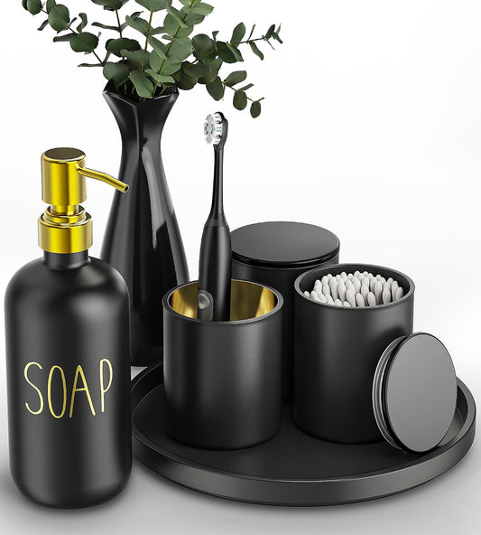 Black Bathroom Accessories Set with Tray, 6pcs Matte Black Bathroom Accessory Sets, Glass Soap Dispenser and Toothbrush Holder Set, Qtip Holder, Ceramic Flower Vase, Bathroom Set Decor
