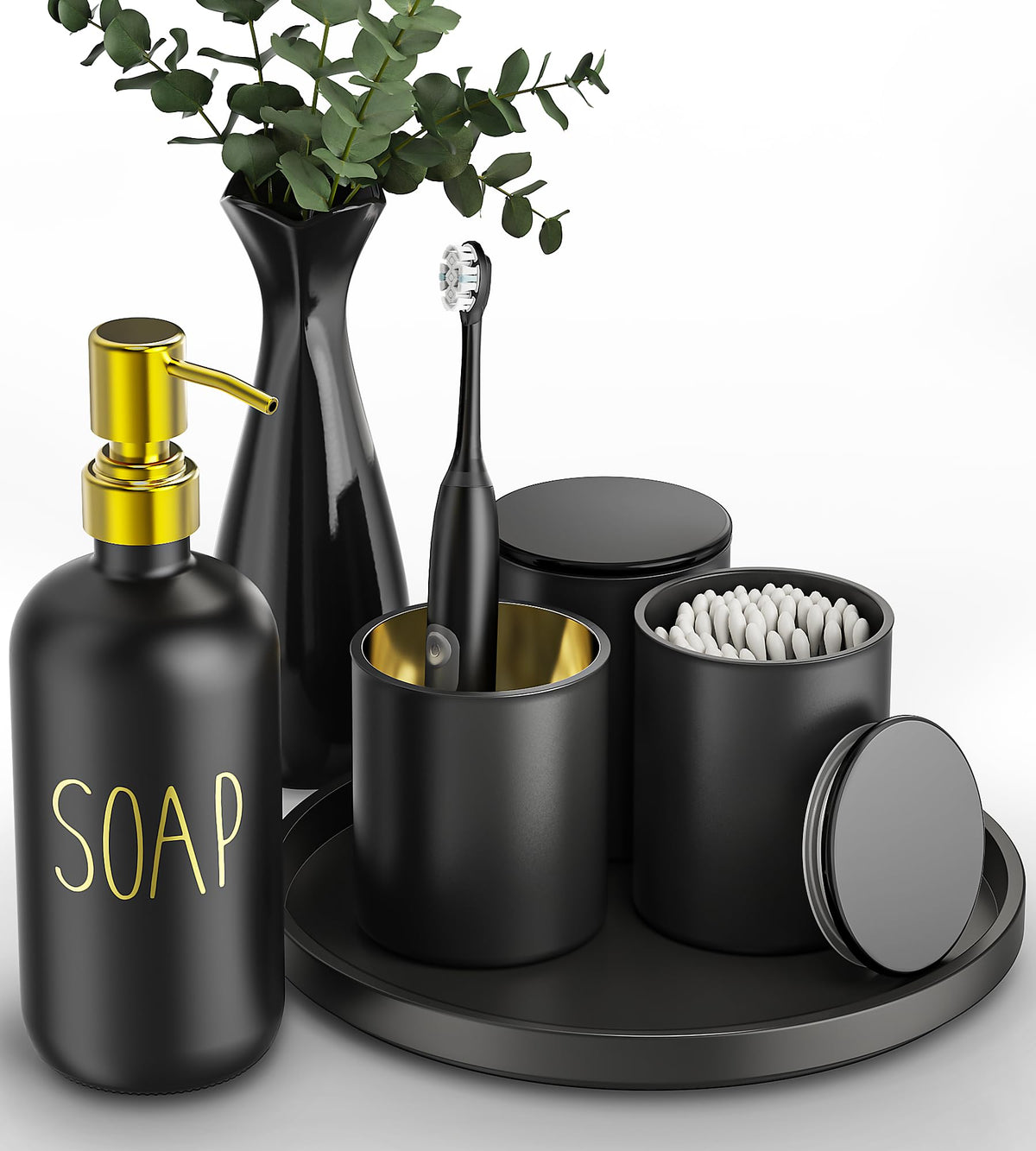 Black Bathroom Accessories Set with Tray, 6pcs Matte Black Bathroom Accessory Sets, Glass Soap Dispenser and Toothbrush Holder Set, Qtip Holder, Ceramic Flower Vase, Bathroom Set Decor