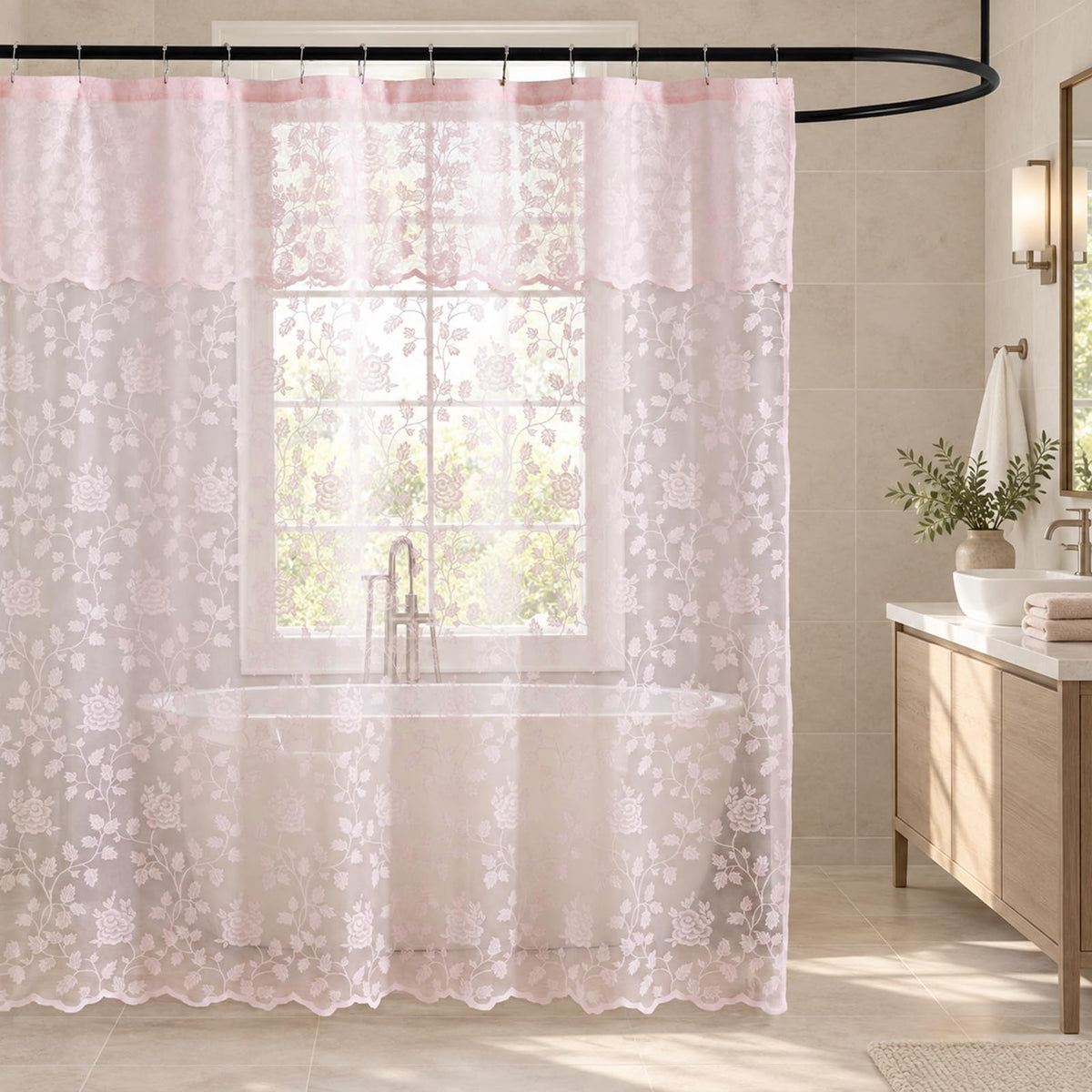 Black Lace Shower Curtain with Attached Valance, 72 x 72 Inch, 1 Panel