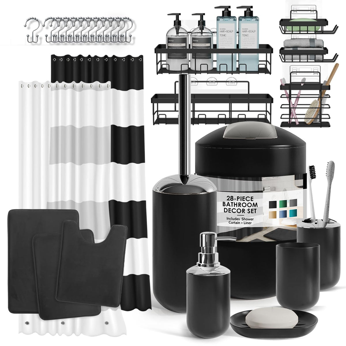 Clara Clark Bathroom Set - Navy Bathroom Accessories Set, 20PC Bathroom Accessory Set, Shower Curtain Set with Liner, Toothbrush Holder, Soap Dispenser, Soap Dish, Toilet Brush Holder, and Trash Can