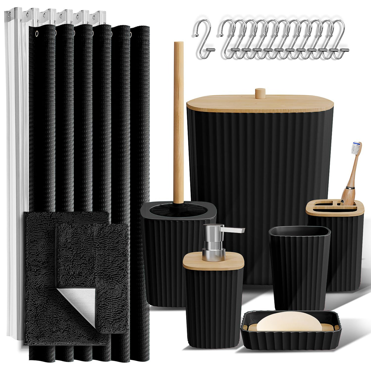 Clara Clark Black Bathroom Set, Shower Curtain Set, Bathroom Accessory Set