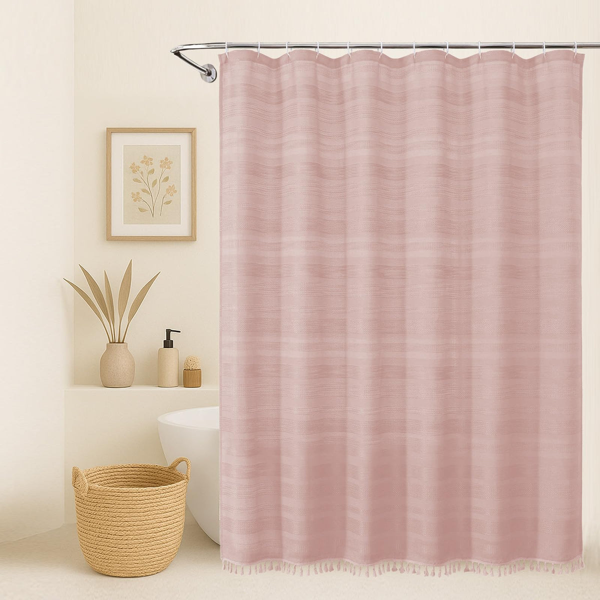 OVZME Extra Long Linen Shower Curtain - 84 Inch Long, Modern Farmhouse Heavy Duty Textured Soft Fabric, Rustic Country Boho Cloth Shower Curtain with Tassel for Bathroom Hotel, 72Wx84L Inches