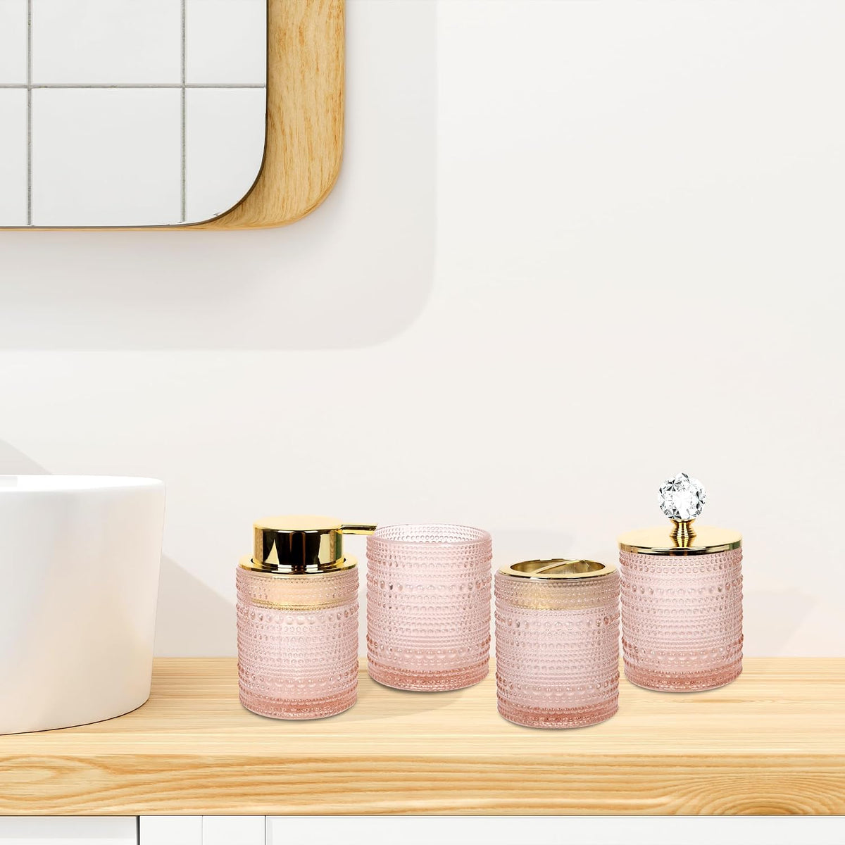 FEILANDUO Bathroom Accessories Set,4Pcs Glass Bathroom Accessories,Vanity Bathroom Decor, Soap Dispenser, Toothbrush Holder Set, Apothecary Jar, Gift for Home Apartment (Pink)
