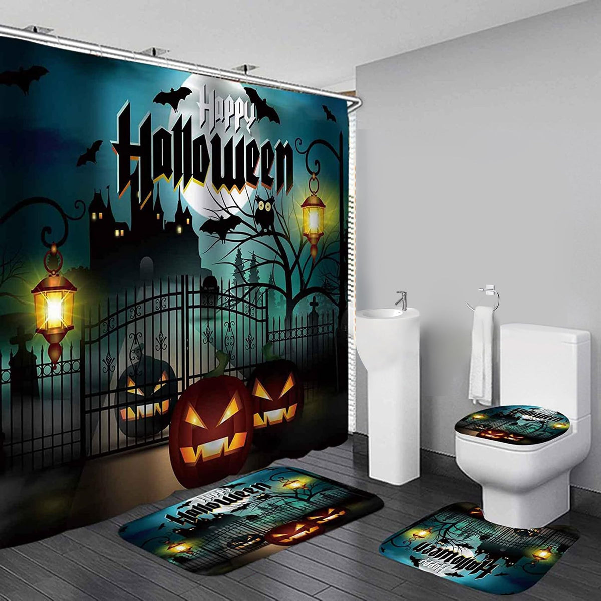 NBVKO 4PCS Black Oil Painting Style Shower Curtain Set with Non-Slip Rugs,Toilet Lid Cover and Bath Mat,Bathroom Decor Accessory Set