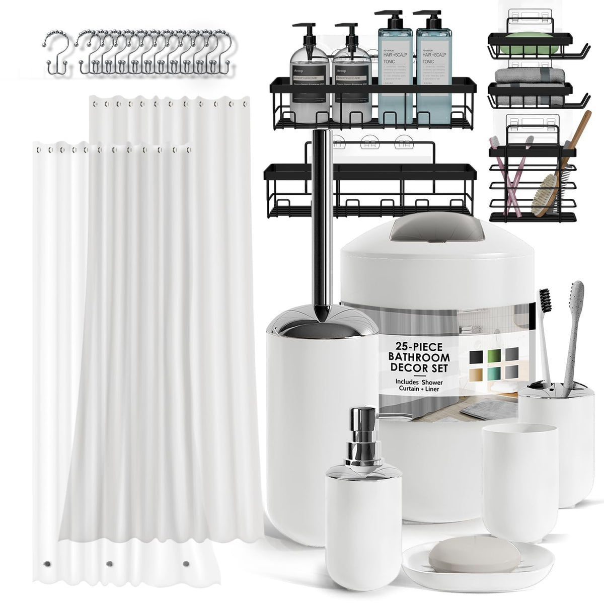 Clara Clark Bathroom Set - Navy Bathroom Accessories Set, 20PC Bathroom Accessory Set, Shower Curtain Set with Liner, Toothbrush Holder, Soap Dispenser, Soap Dish, Toilet Brush Holder, and Trash Can