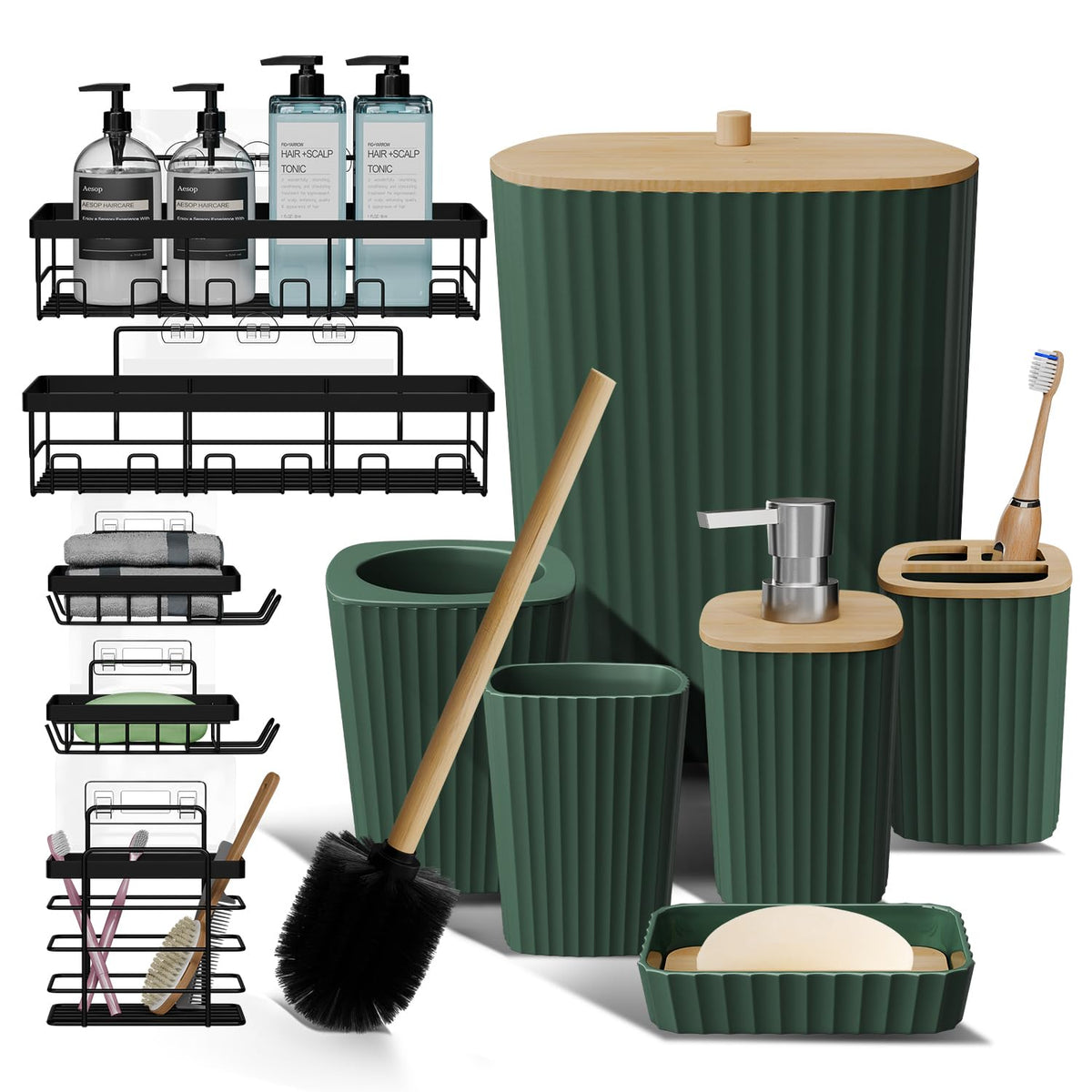 Clara Clark Bathroom Set - Sage Green Bathroom Accessories Set, 6PC Bathroom Accessory Set, Bathroom Sets with Toilet Brush, Trash Can & Soap Dispenser