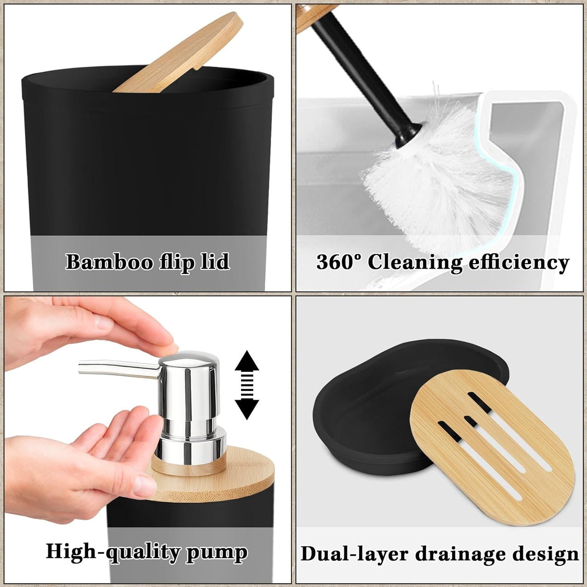 Britimes 7 Pack Bathroom Accessories Set, Shower Curtain Set, Black Striped