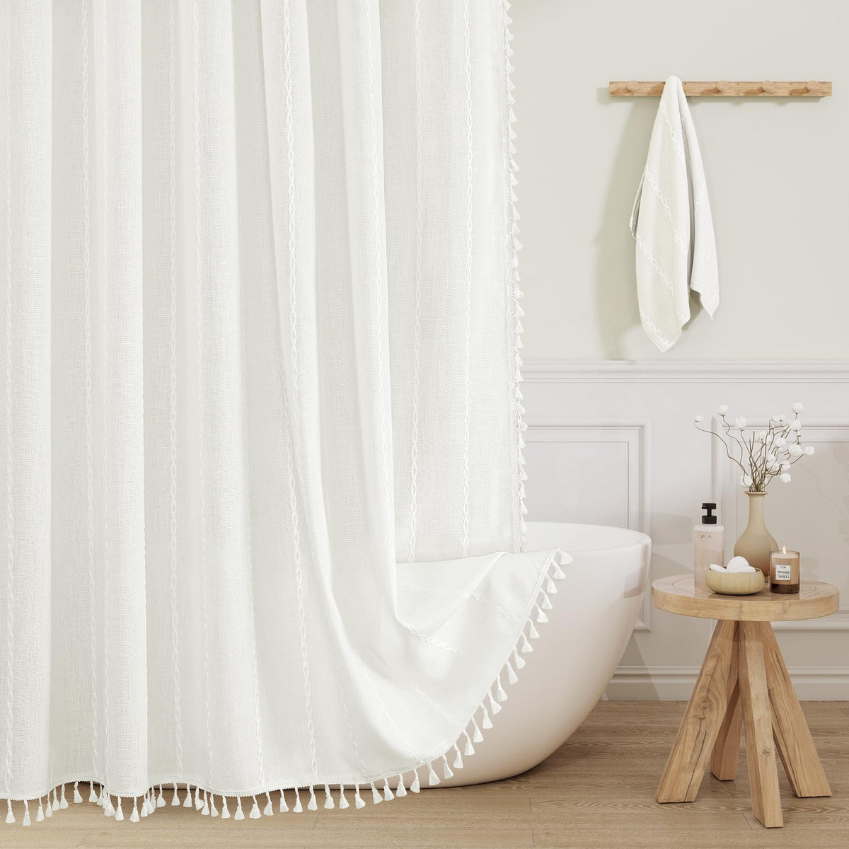 Boho Farmhouse Tassel Linen Shower Curtain,3D Embroidery Stripe Blue,72x72