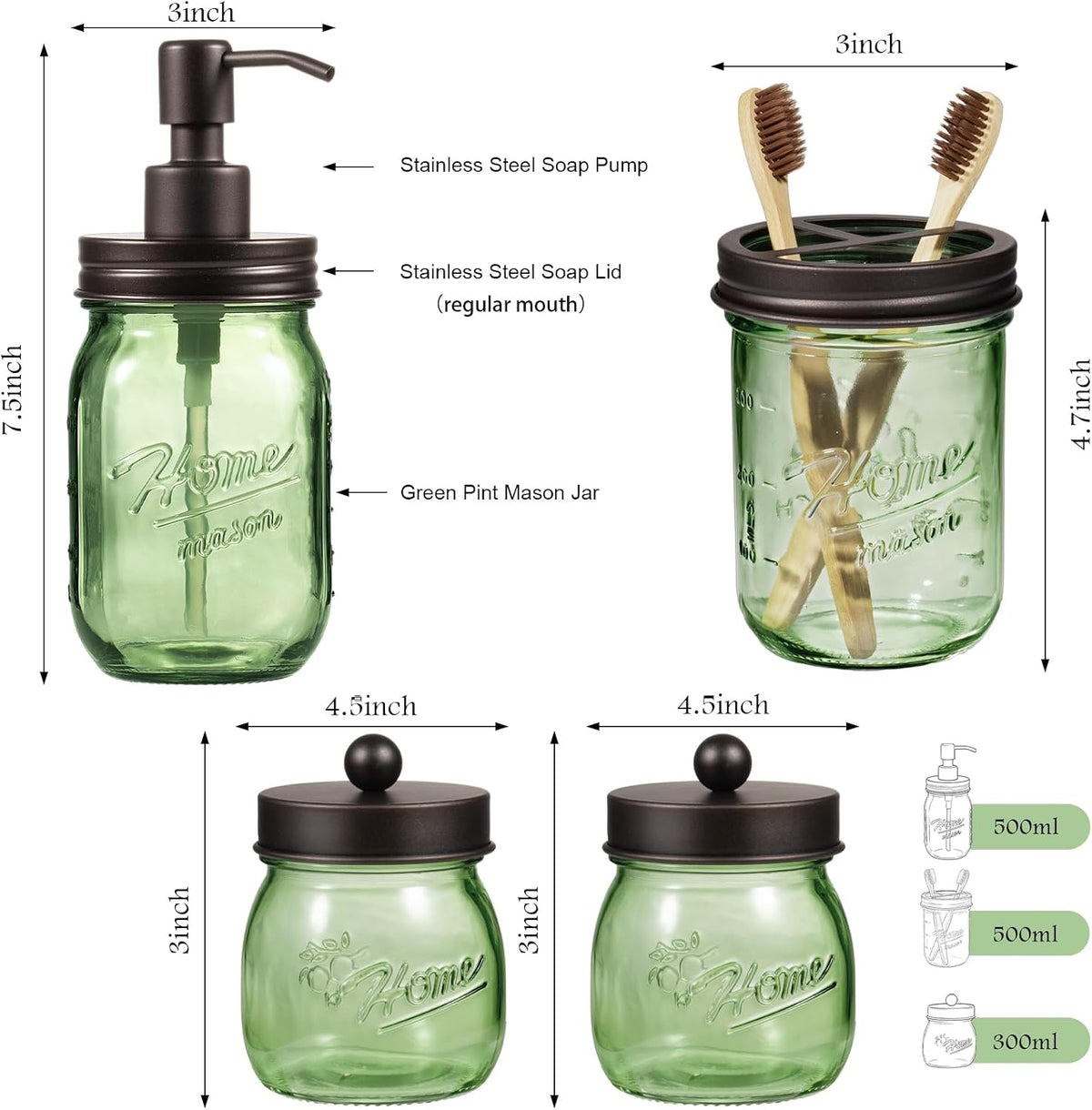 Amolliar Mason Jar Bathroom Accessories Set, 4 Pcs Green Glass Bathroom Set