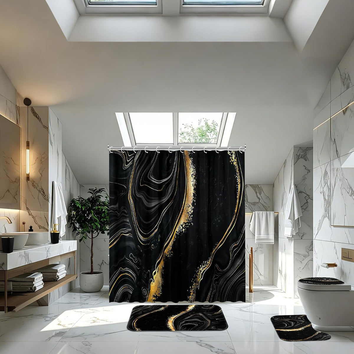 Patelai 10 Pcs Black and Gold Marble Bathroom Decor Set with Shower Curtain
