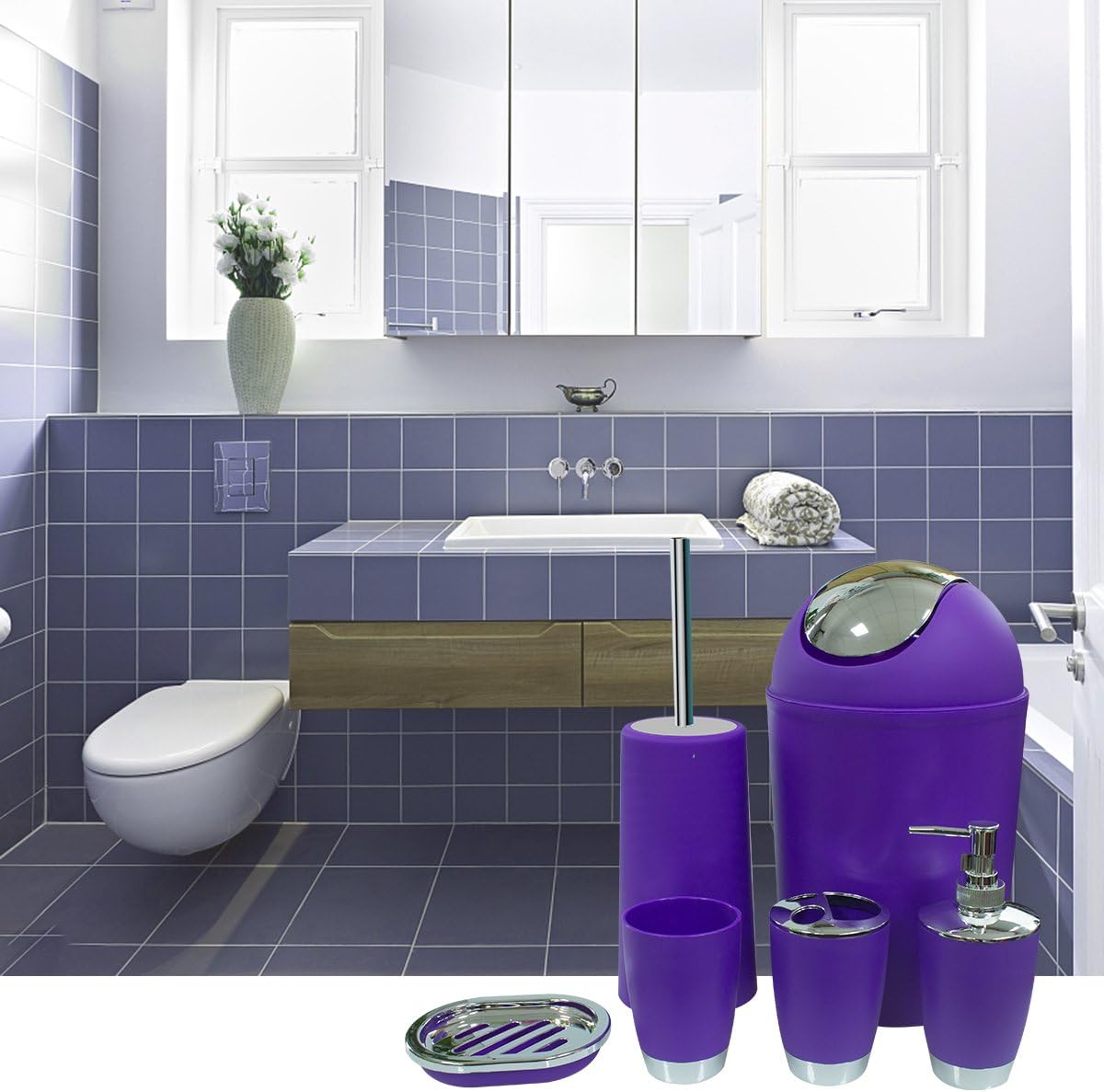 Bathroom Accessories Set, 6-Piece Plastic Gift Set, Toothbrush Holder, Toothbrush Cup, Soap Dispenser, Soap Dish, Toilet Brush Holder, Trash Can (Purple)