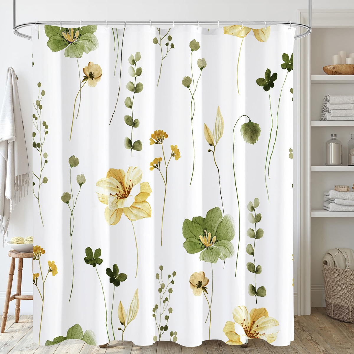 Gibelle Sage Green Beige Watercolor Floral Fabric Shower Curtain 72x72