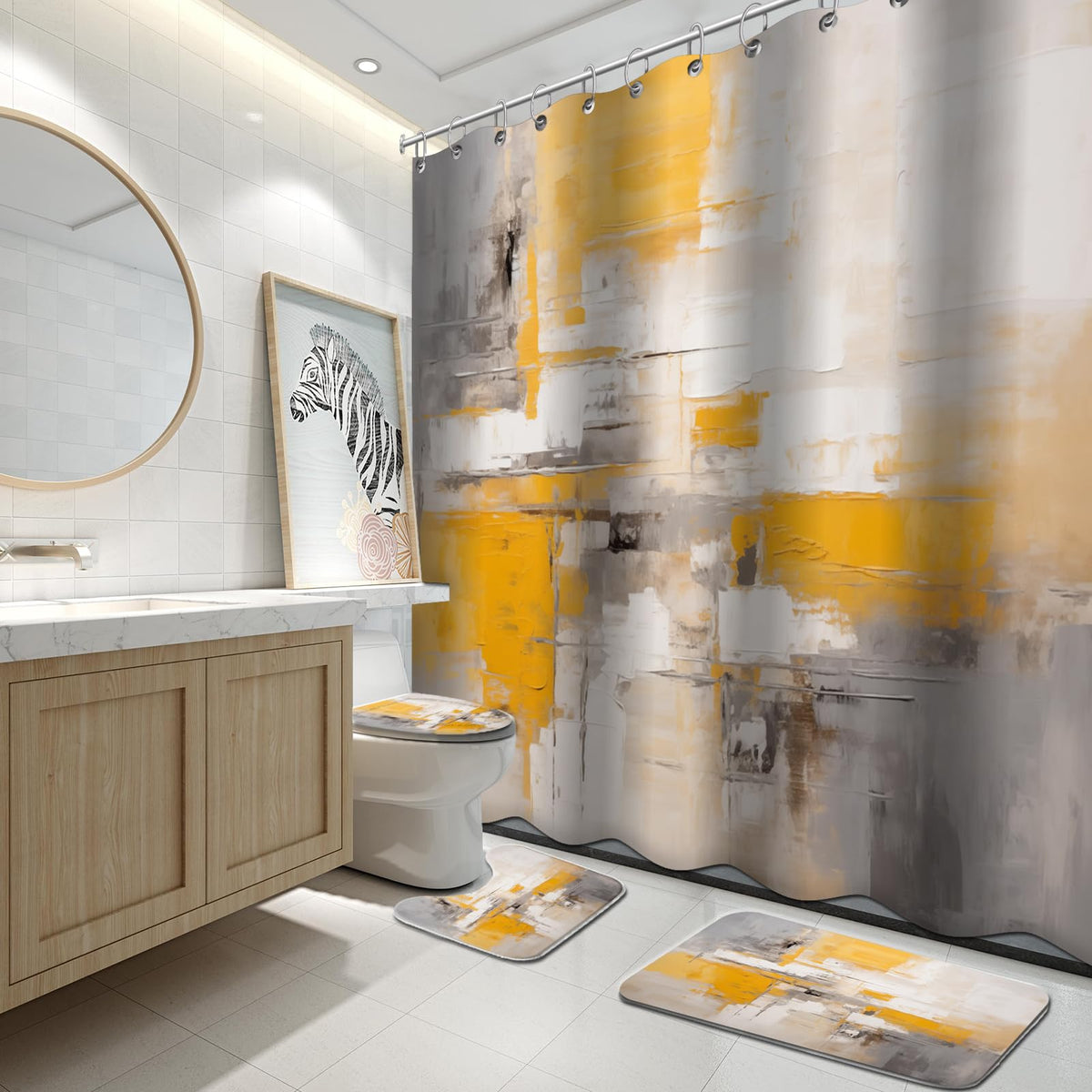 Lnond 4Pcs Bathroom Shower Curtain Sets with Rugs,Orange Modern Painting Art Bathroom Sets with Shower Curtain and Rugs and Accessories
