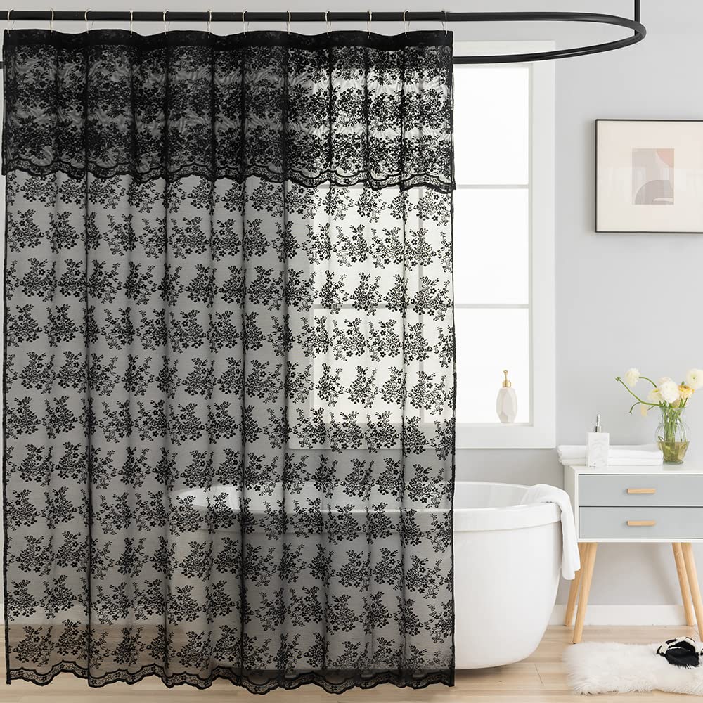 TUDECO Black Lace Shower Curtain with Valance, Gothic Style, 72 x 72 Inch