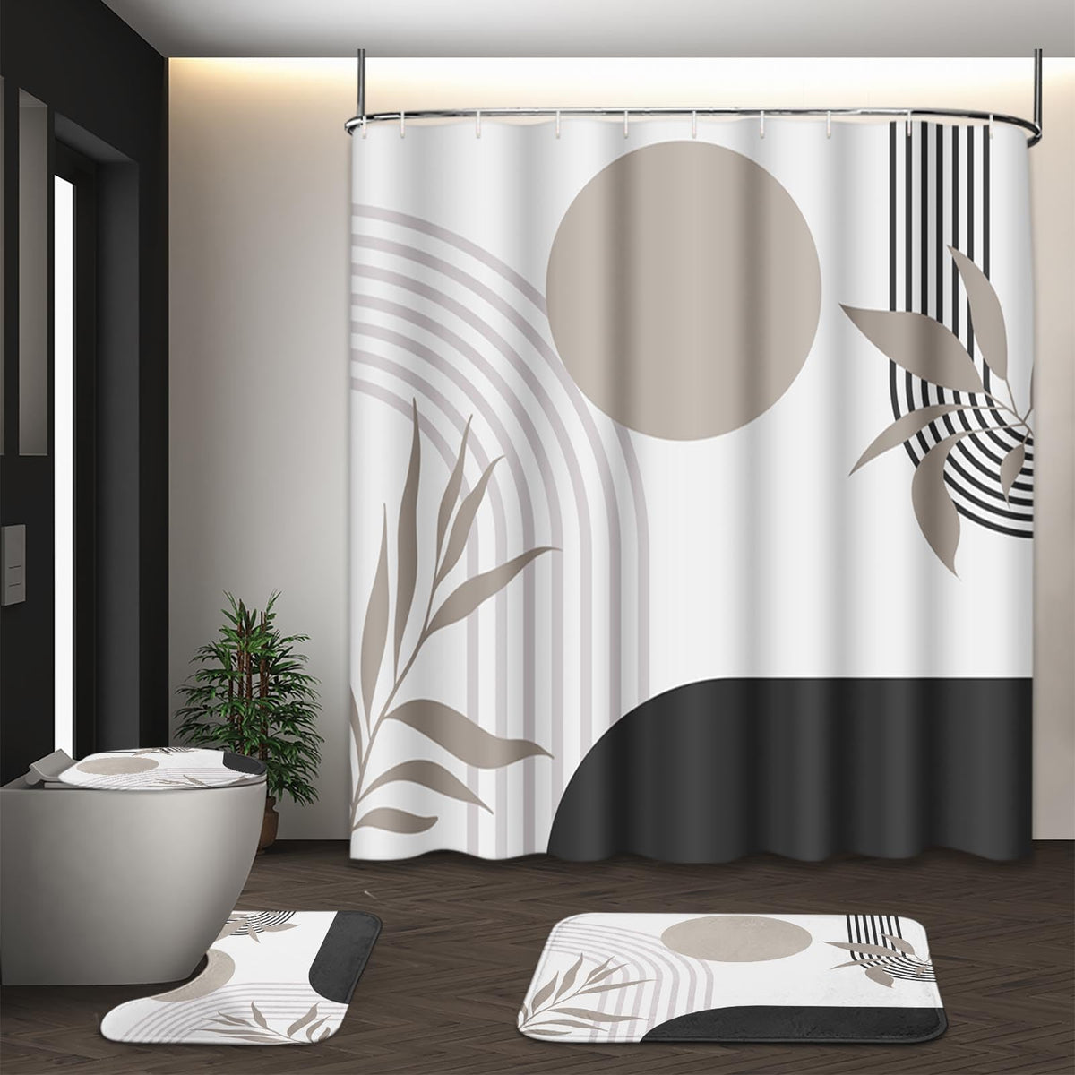 Bathroom Sets with Shower Curtain and Rugs, Set of 4, Boho Sage