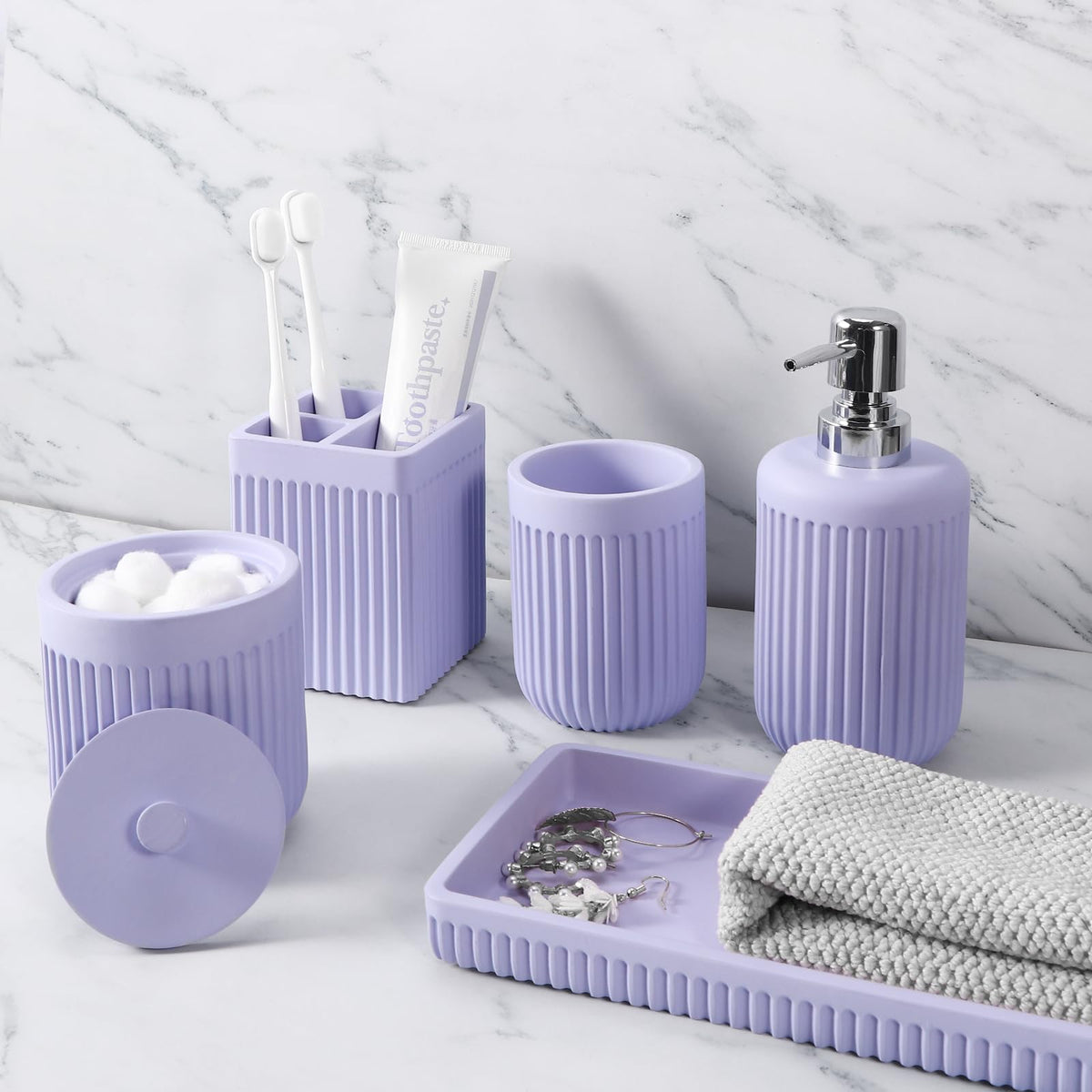 XLHOMO Resin Matte Black Bathroom Accessories Set 5 Pcs, Lotion Soap Dispenser, Toothbrush Holder, Bathroom Tumbler, Qtip Holder and Vanity Tray, Bathroom Countertop Organizer Set for Home Apartment