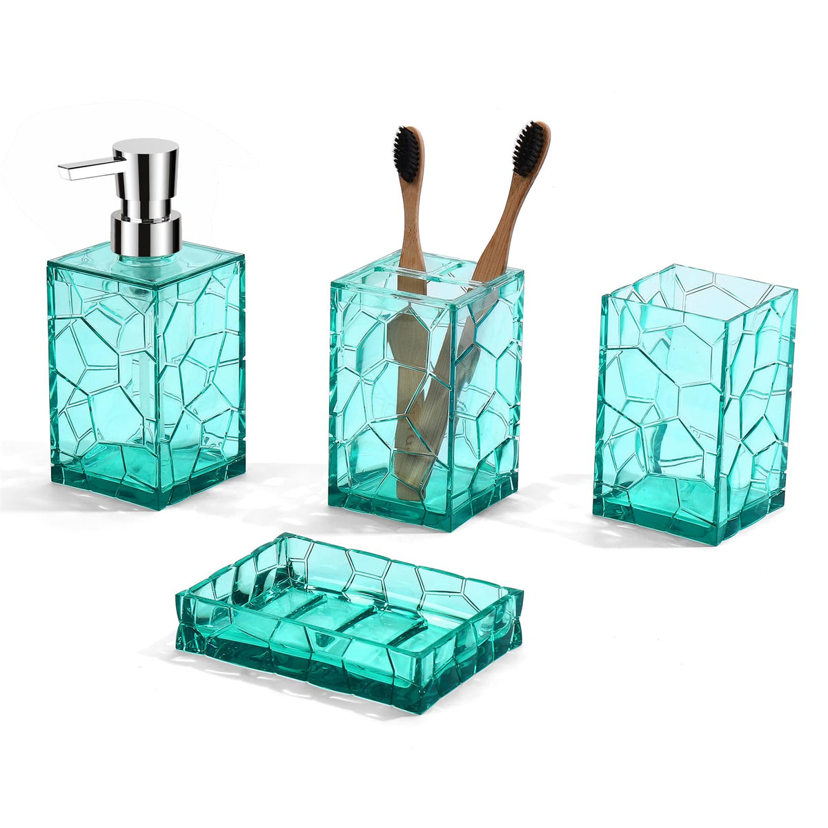GAHEFY Teal Blue Beach Bathroom Accessories Set, Toothbrush Holder, Soap Dispenser, Cotton Swabs Holder, Soap Dish, Toilet Brush with Holder, Boho Bamboo Bathroom Decor,Acrylic (Teal)