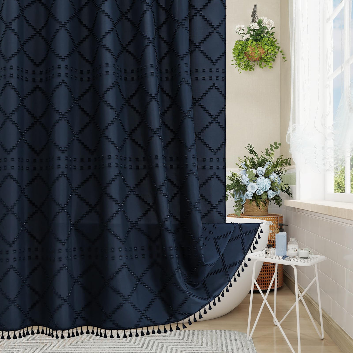 Blue Boho Woven Fabric Shower Curtain with Tassel 72 x 72, Tufted Textured