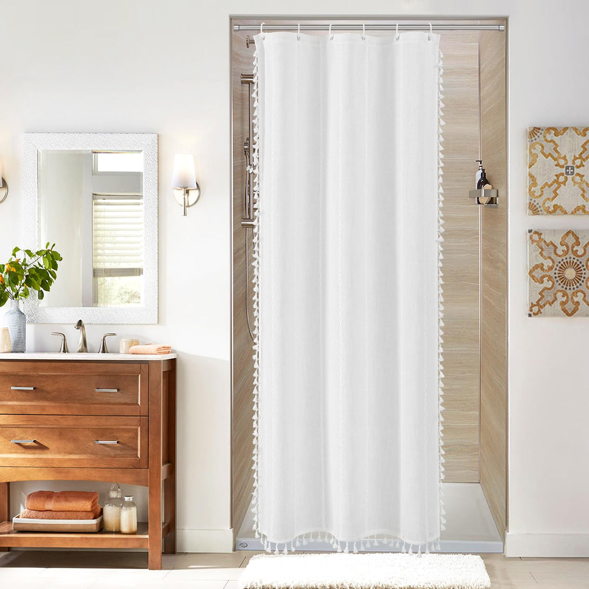 Boho Farmhouse Tassel Linen Shower Curtain,3D Embroidery Stripe Blue,72x72