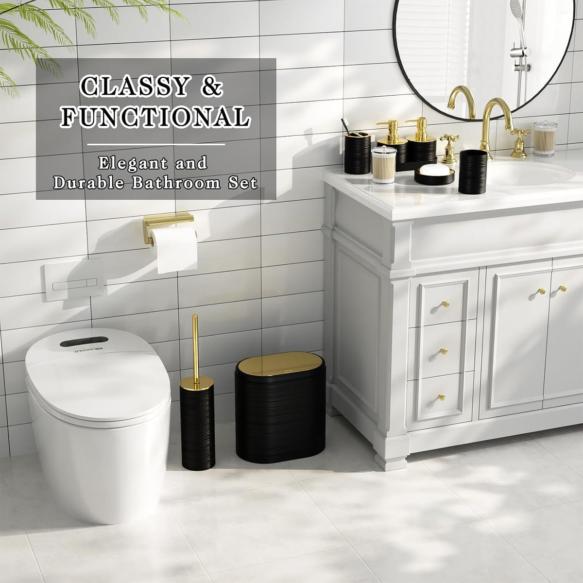 Bathroom Set, 10PC Bathroom Accessory Set, Black Bathroom Accessories, Black and Gold Bathroom Set with Trash Can, Soap Dispensers